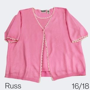 Russ Two in One Open Front Lightweight Short Sleeve Sweater Pink White XL 16/18